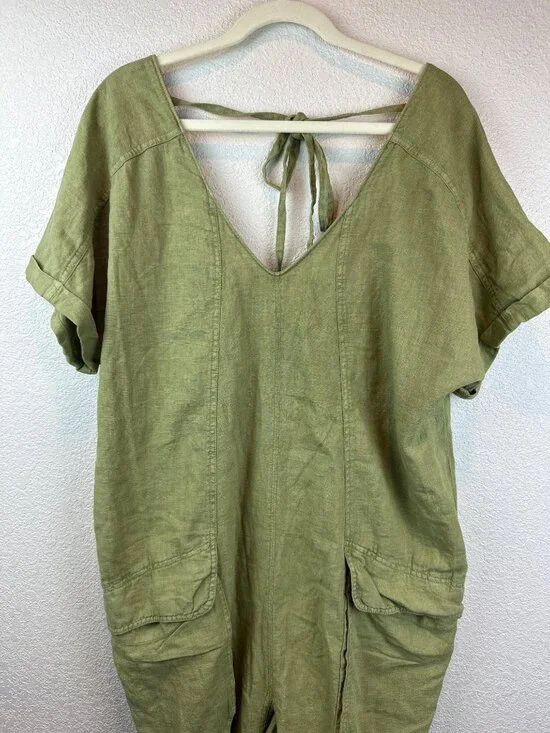 Free People Green Linen Blend Jumpsuit XL Baggy Cargo Pockets Relaxed Lagenlook - Picture 5 of 10